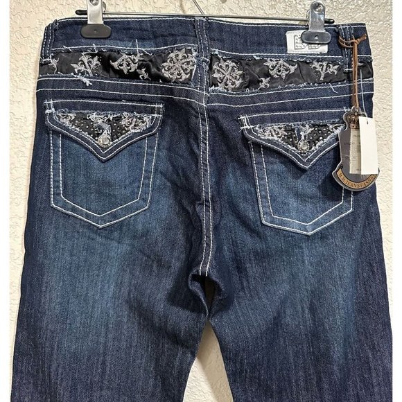 B.B. Jeans Denim Dark Wash Y2K Straight Leg Embellished Pants - Picture 3 of 6